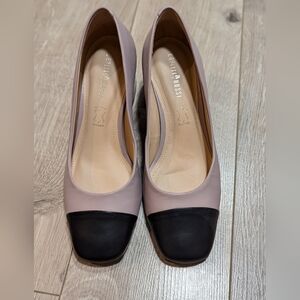 Leather cap toe block heels , lilac and black